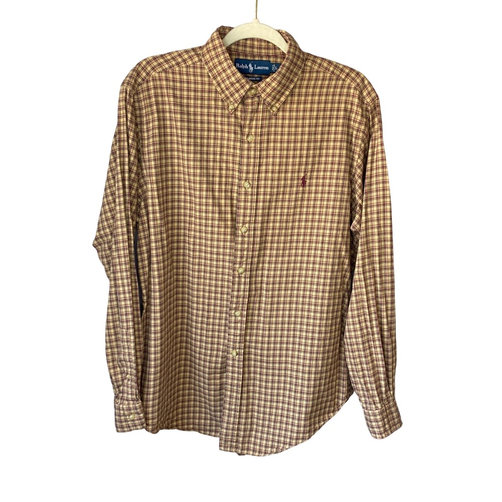 Ralph Lauren Mens Classic Fit Plaid Button Down Shirt Tan Burgundy Green Large